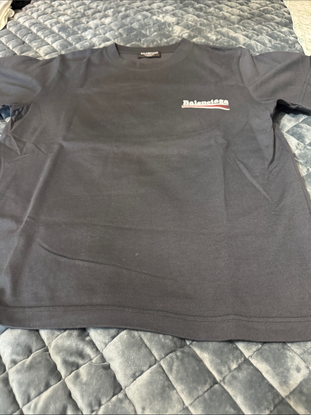Balenciaga unisex charcoal gray Tee with White and Red Logo